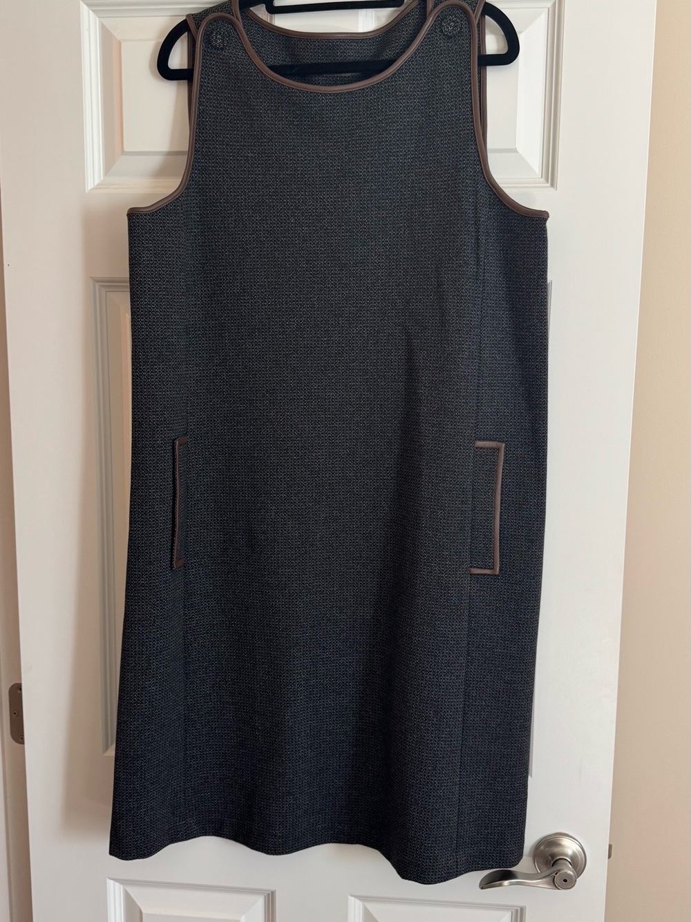 J. McLaughlin Charcoal Shift Dress with Faux Leather Brown Trim L